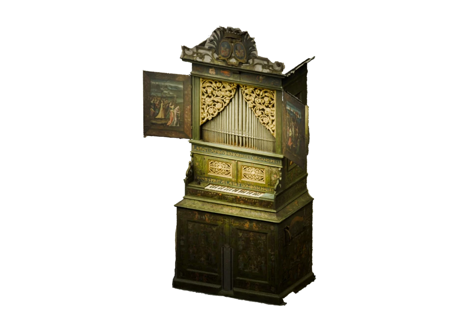 A rendered view of the Cuntz positive organ model, showing its decorated case, open side doors, pipe front and keyboard.
